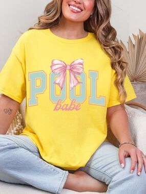 Gildan Yellow 'Pool Babe' Graphic Tee with Pink Bow